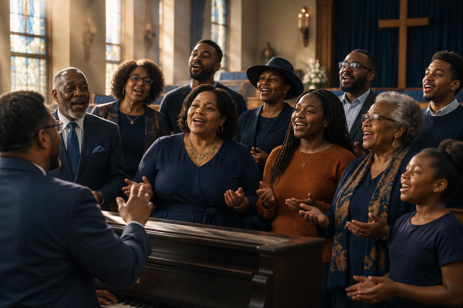 Illustrative community choir gathering in a church